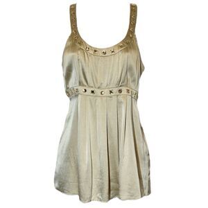 Express Y2K Babydoll Top Size M Gold Silk Sleeveless Gems Beaded Empire Waist